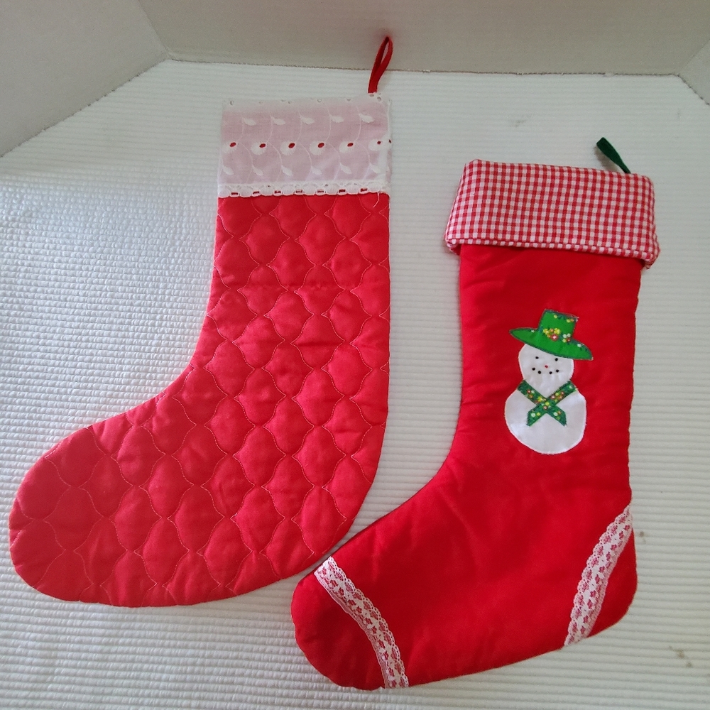2 Christmas Stockings Handmade 16"-17" Vintage Snowman Quilted Fabric Red